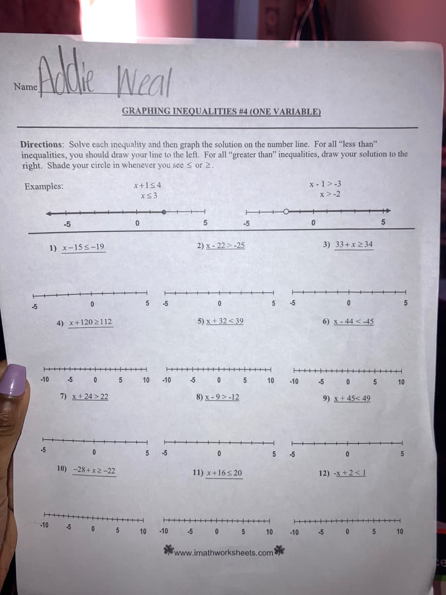 Addie Weal
Name
Directions: Solve each inequality and then graph the solution on the number line. For all "less than"
inequalities, you should draw your line to the left. For all "greater than" inequalities, draw your solution to the
right. Shade your circle in whenever you see ≤ or 2.
Examples:
-5
-5
-5
1) x-15 ≤-19
0
4) x+1202112
GRAPHING INEQUALITIES #4 (ONE VARIABLE)
0
10) -28+x2-22
x+1≤4
x ≤ 3
H+++++
-10 -5 0 5 10
10
7) x+24>22
0
+++H
5 -5
H
-10 -5 0 5 10
++++
-10
-10
5 -5
-5
5
2) X-22-25
0
5) x + 32 <39
0
8) x-9>-12
0
T
-5
+||||||||
11) x+16 ≤ 20
5 -5
5 10 -10
5 -5
-10 -5 0 5 10
www.imathworksheets.com
x-1>-3
x>-2
H++++
0
3) 33+x234
0
6) x-44-45
-5
9) x +45<49
++++H
0 5 10
0
5
12) -x + 2 <1
5
5
-10 -5 0 5 10