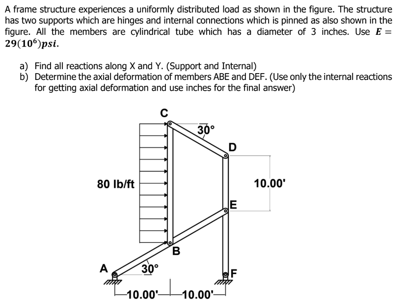 A frame structure experiences a uniformly distributed load as shown in the figure. The structure
has two supports which are hinges and internal connections which is pinned as also shown in the
figure. All the members are cylindrical tube which has a diameter of 3 inches. Use E =
29(106)psi.
a) Find all reactions along X and Y. (Support and Internal)
b) Determine the axial deformation of members ABE and DEF. (Use only the internal reactions
for getting axial deformation and use inches for the final answer)
C
80 lb/ft
A
30°
-10.00-
B
30°
-10.00'-
D
E
F
10.00'