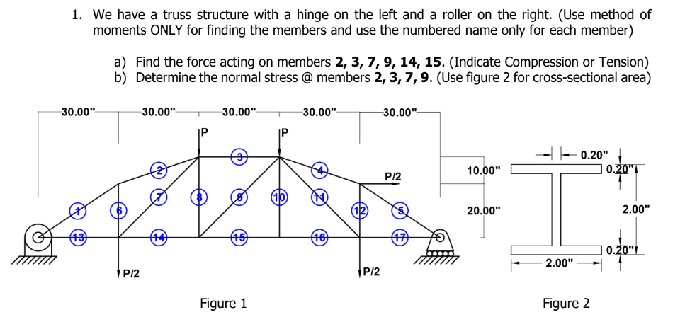 1. We have a truss structure with a hinge on the left and a roller on the right. (Use method of
moments ONLY for finding the members and use the numbered name only for each member)
30.00"
a) Find the force acting on members 2, 3, 7, 9, 14, 15. (Indicate Compression or Tension)
b) Determine the normal stress @ members 2, 3, 7, 9. (Use figure 2 for cross-sectional area)
P/2
30.00"
D
foo
30.00"
Figure 1
30.00"
(10 N
-30.00"
P/2
P/2
10.00"
20.00"
2.00"
0.20"
Figure 2
0.20"
2.00"
0.20"