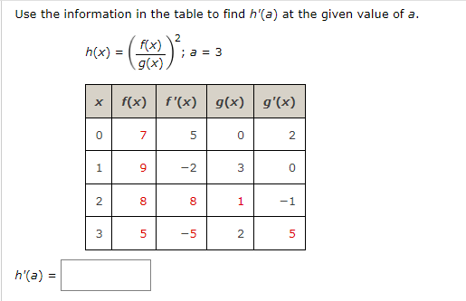 Use the information in the table to find h'(a) at the given value of a.
h(x) = (-
2
f(x)
;a = 3
g(x)
f(x) f'(x) g(x) g'(x)
7
1
9
-2
3
2
8
8
1
-1
3
-5
2
h'(a) =
2.
