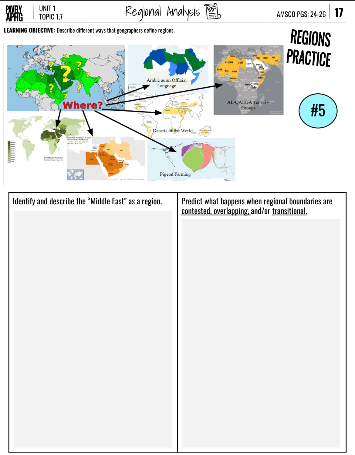 PAVELY
UNIT 1
APHG
TOPIC 1.7
Regional Analysis
LEARNING OBJECTIVE: Describe different ways that geographers define regions.
Weld Hum Population
Where?
Estimated debution of Bun
Muslims in the Mode East
Arabic as an Official
Language
Deserts of the World
Identify and describe the "Middle East" as a region.
Pigeon Farming
ALGERIA LIBYA
EGYPT
MAUR MALIGER
NIGERIA
SUDAN
TEREN
IRAN
AMSCO PGS: 24-26 17
REGIONS
PRACTICE
AL-QAEDA Terrorist
Groups
#5
Predict what happens when regional boundaries are
contested, overlapping, and/or transitional.