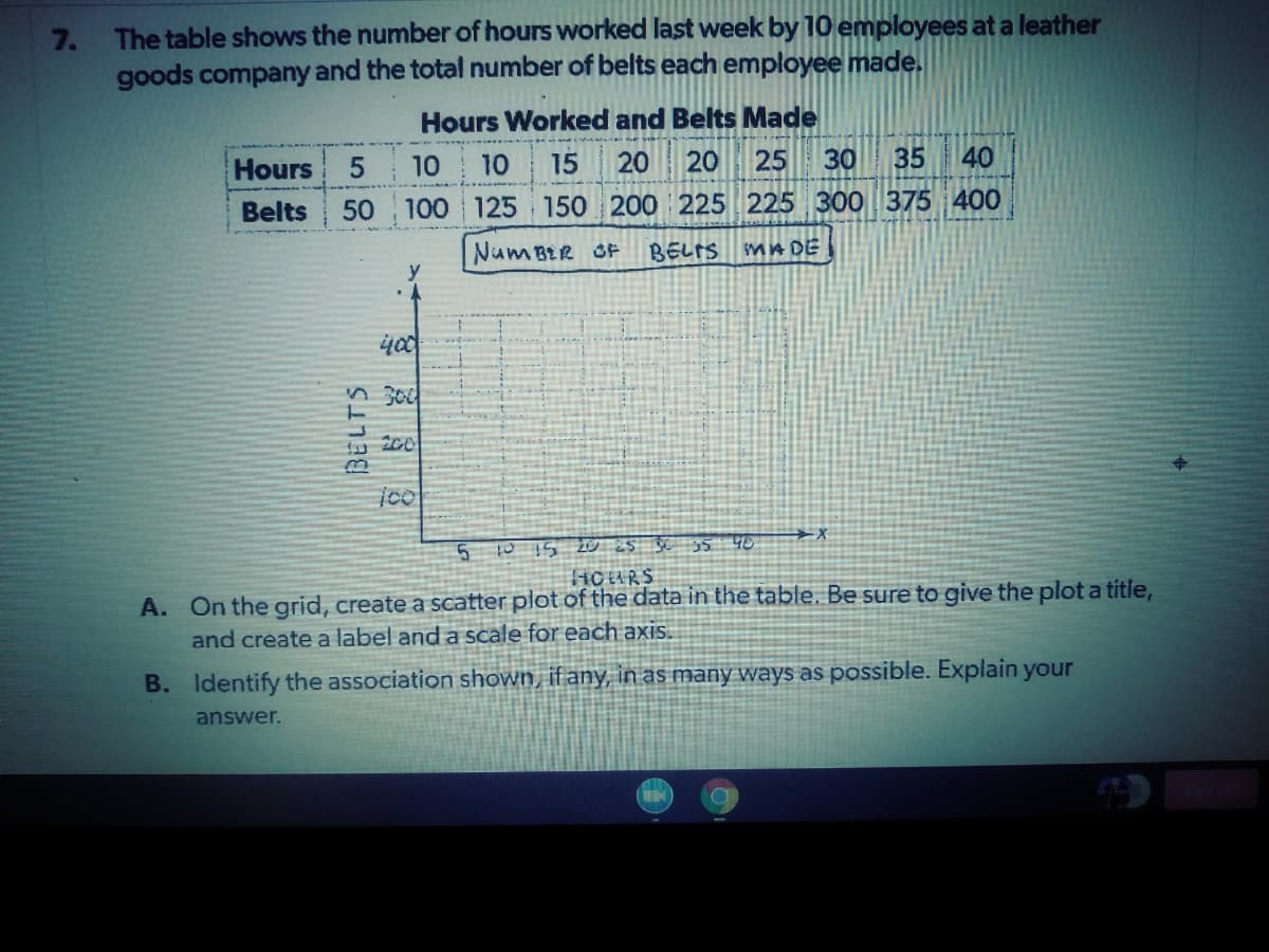 7. The table shows the number of hours worked last week by 10 employees at a leather
goods company and the total number of belts each employee made.
Hours Worked and Belts Made
Hours
10
10
15
20
20
25
30
35
40
Belts
50
100
125 150 200 225 225 300 375 400
NumBER OF
BELIS mA DE
400
n 300
co
→X
HOURS
A. On the grid, create a scatter plot of the data in the table. Be sure to give the plot a title,
and create a label and a scale for each axis.
B. Identify the association shown, if any, in as many ways as possible. Explain your
answer.
