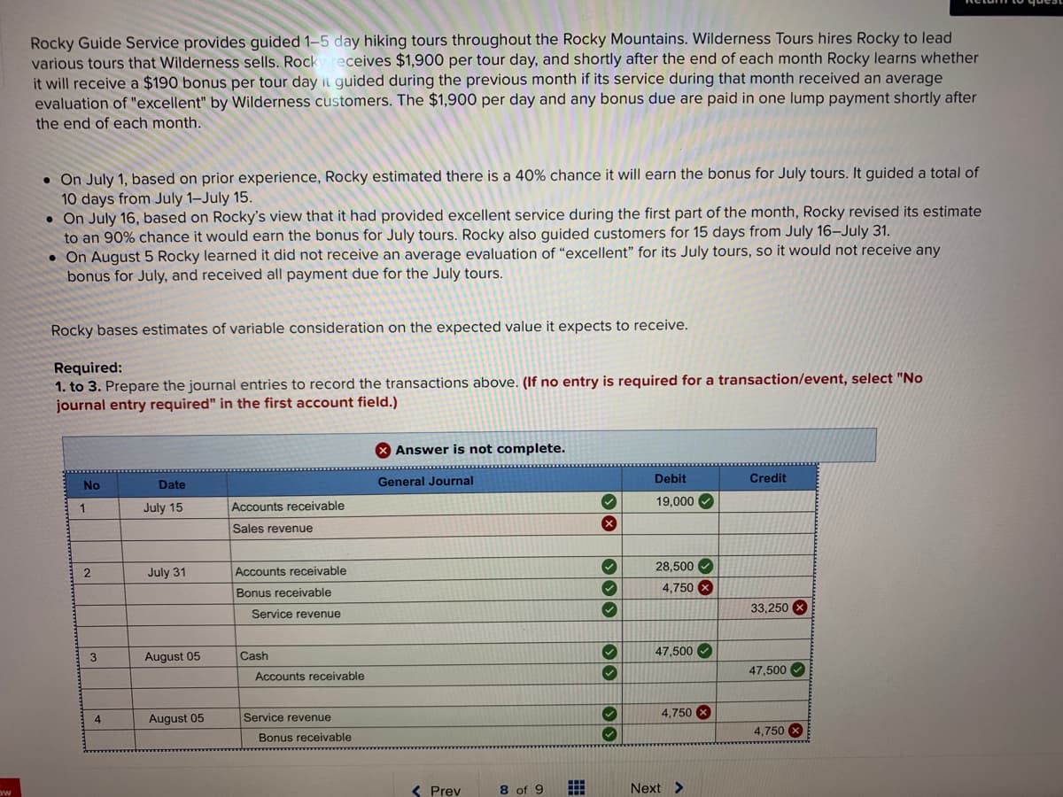 Rocky Guide Service provides guided 1–5 day hiking tours throughout the Rocky Mountains. Wilderness Tours hires Rocky to lead
various tours that Wilderness sells. Rock
it will receive a $190 bonus per tour day it guided during the previous month if its service during that month received an average
evaluation of "excellent" by Wilderness customers. The $1,900 per day and any bonus due are paid in one lump payment shortly after
eceives $1,900 per tour day, and shortly after the end of each month Rocky learns whether
the end of each month.
• On July 1, based on prior experience, Rocky estimated there is a 40% chance it will earn the bonus for July tours. It guided a total of
10 days from July 1-July 15.
• On July 16, based on Rocky's view that it had provided excellent service during the first part of the month, Rocky revised its estimate
to an 90% chance it would earn the bonus for July tours. Rocky also guided customers for 15 days from July 16–July 31.
• On August 5 Rocky learned it did not receive an average evaluation of "excellent" for its July tours, so it would not receive any
bonus for July, and received all payment due for the July tours.
Rocky bases estimates of variable consideration on the expected value it expects to receive.
Required:
1. to 3. Prepare the journal entries to record the transactions above. (If no entry is required for a transaction/event, select "No
journal entry required" in the first account field.)
Answer is not complete.
No
Date
General Journal
Debit
Credit
July 15
Accounts receivable
19,000
1
Sales revenue
28,500
July 31
Accounts receivable
4,750 X
Bonus receivable
33,250 X
Service revenue
August 05
Cash
47,500
3
47,500
Accounts receivable
4,750 X
4
August 05
Service revenue
4,750 X
Bonus receivable
< Prev
8 of 9
Next >
