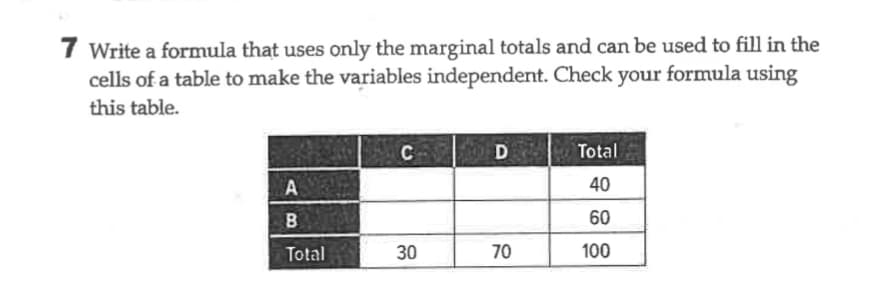 7 Write a formula that uses only the marginal totals and can be used to fill in the
cells of a table to make the variables independent. Check your formula using
this table.
A
B
Total
C
30
D Total
40
60
100
70