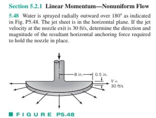 Section 5.2.1 Linear
Momentum-Nonuniform Flow
5.48 Water is sprayed radially outward over 180° as indicated
in Fig. P5.48. The jet sheet is in the horizontal plane. If the jet
velocity at the nozzle exit is 30 ft/s, determine the direction and
magnitude of the resultant horizontal anchoring force required
to hold the nozzle in place.
-8 in.-
FIGURE P5.48
0.5 in.
V=
30 ft/s