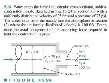 5.24 Water enters the horizontal, circular cross-sectional, sudden-
contraction nozzle sketched in Fig. P5.24 at section (1) with a
uniformly distributed velocity of 25 ft/s and a pressure of 75 psi.
The water exits from the nozzle into the atmosphere at section
(2) where the uniformly distributed velocity is 100 ft/s. Deter-
mine the axial component of the anchoring force required to
hold the contraction in place.
D₁ = 3 in.
P₁ = 75 psi
V₁ = 25 ft/s
FIGURE P5.24
Section (2)
P2 =
0 psi
100 ft/s
Section (1)