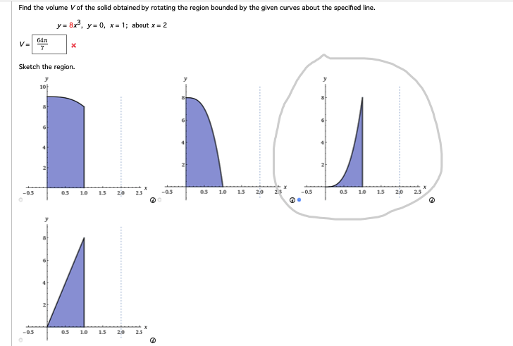 Find the volume V of the solid obtained by rotating the region bounded by the given curves about the specified line.
y = 8x³, y=0, x= 1; about x = 2
V=
-0.3
64x
Sketch the region.
y
-0.5
O
10
X
8
x
0.5 1.0 1.5 20 2.5
0.5 1.0 1.5 2.0 2.5
-0.5
GO
0.5
9
1.5 2.0
-0.5
GO
0.5
1.0 1.5 2,0
2.5