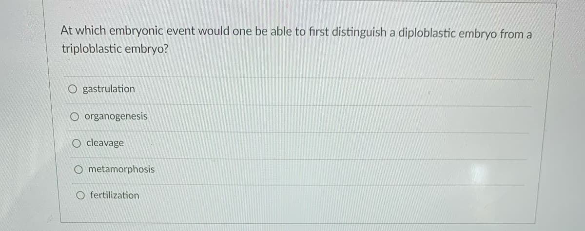 At which embryonic event would one be able to first distinguish a diploblastic embryo from a
triploblastic embryo?
O gastrulation
organogenesis
O cleavage
O metamorphosis
O fertilization
