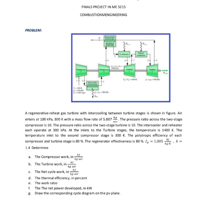 FINALS PROJECT IN ME 3215
COMBUSTIONMENGINEERING
PROBLEM:
wwww.
A regenerative-reheat gas turbine with intercooling between turbine stages is shown in figure. Air
enters at 100 kPa, 300 K with a mass flow rate of 5.807 2. The pressure ratio across the two-stage
compressor is 10. The pressure ratio across the two-stage turbine is 10. The intercooler and reheater
sec
each operate at 300 kPa. At the inlets to the Turbine stages, the temperature is 1400 K. The
temperature inlet to the second compressor stage is 300 K. The polytropic efficiency of each
compressor and turbine stage is 80 %. The regenerator effectiveness is 80 %. čp = 1.005
k)
. k =
kg-K
1.4 Determine
a. The Compressor work, in
b. The Turbine work, in -
ka air
kg air
ki
c. The Net cycle work, in -
ka air
d. The thermal efficiency, in percent
e. The work ratio
f. The The net power developed, in kW
8. Draw the corresponding cycle diagram on the pv plane.
