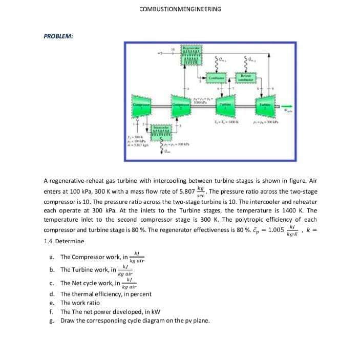 COMBUSTIONMENGINEERING
PROBLEM:
Rdirat
www
A regenerative-reheat gas turbine with intercooling between turbine stages is shown in figure. Air
enters at 100 kPa, 300 K with a mass flow rate of 5.807 . The pressure ratio across the two-stage
sec
compressor is 10. The pressure ratio across the two-stage turbine is 10. The intercooler and reheater
each operate at 300 kPa. At the inlets to the Turbine stages, the temperature is 1400 K. The
temperature inlet to the second compressor stage is 300 K. The polytropic efficiency of each
compressor and turbine stage is 80 %. The regenerator effectiveness is 80 %. č, = 1.005 , k =
1.4 Determine
a. The Compressor work, in
kg air
k/
b. The Turbine work, in-
kg air
c. The Net cycle work, in-
kg air
d. The thermal efficiency, in percent
e. The work ratio
f. The The net power developed, in kW
E- Draw the corresponding cycle diagram on the pv plane.
