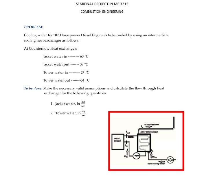 SEMIFINAL PROJECT IN ME 3215
COMBUSTION ENGINEERING
PROBLEM:
Cooling water for 507 Horsepower Diesel Engine is to be cooled by using an intermediate
cooling heat exchanger as follows.
At Counterflow Heat exchanger.
Jacket water in --- 60 °C
Jacket water out
38 °C
Tower water in
27 °C
Tower water out -
-54 °C
To be done: Make the necessary valid assumptions and calculate the flow through heat
exchanger for the following quantities:
kg
1. Jacket water, in
sec
kg
2. Tower water, in
sec
to coling o
NEAT EXCNANGER
DESEL
ENGE
from cool
