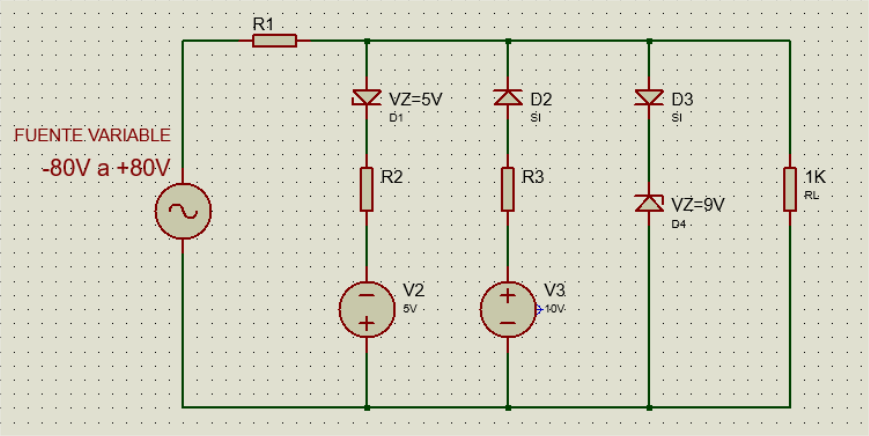 R1
Z VZ=5V
A D2
D3
SI
SI
FUENTE VARIABLE
-80V a +80V
R2
R3.
1K.
RL
VZ=9V
D4.
V2
V3
5V
1-0V-
+
+.
