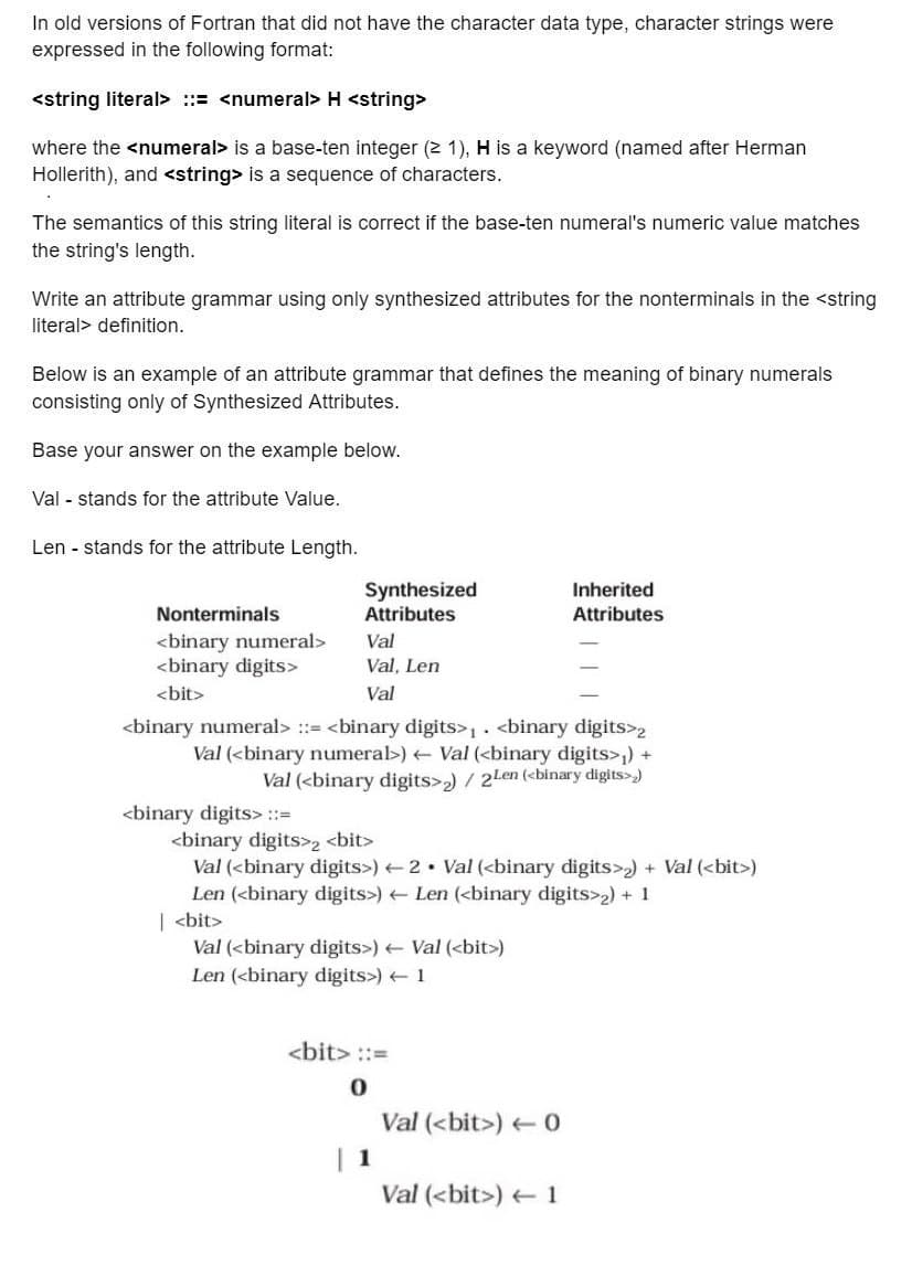 In old versions of Fortran that did not have the character data type, character strings were
expressed in the following format:
<string literal> ::= <numeral> H <string>
where the <numeral> is a base-ten integer (≥ 1), H is a keyword (named after Herman
Hollerith), and <string> is a sequence of characters.
The semantics of this string literal is correct if the base-ten numeral's numeric value matches
the string's length.
Write an attribute grammar using only synthesized attributes for the nonterminals in the <string
literal> definition.
Below is an example of an attribute grammar that defines the meaning of binary numerals
consisting only of Synthesized Attributes.
Base your answer on the example below.
Val - stands for the attribute Value.
Len - stands for the attribute Length.
Nonterminals
<binary numeral>
<binary digits>
<bit>
Synthesized
Attributes
Inherited
Attributes
Val
Val, Len
Val
<binary numeral> :: <binary digits>, <binary digits>2
Val (<binary numeral>)<- Val (<binary digits>)+
Val (<binary digits>)/2lm (chinary digits
binary digits> ::-
<binary digits> <bit>
Val (<binary digits>)2 Val (<binary digits>>2) + Val (<bit>)
Len (<binary digits>) + Len (<binary digits>)+1
| <bit>
Val (<binary digits>) Val (<bit>)
Len (<binary digits) 1
<bit> ::=
0
Val (<bit>)0
| 1
Val (<bit>)1