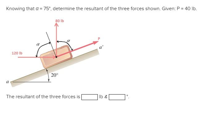 Knowing that a = 75°, determine the resultant of the three forces shown. Given: P = 40 lb.
120 lb
80 lb
20°
The resultant of the three forces is
lb z