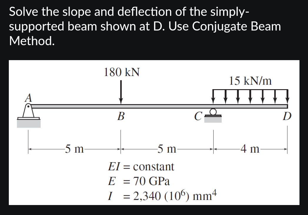 Solve the slope and deflection of the simply-
supported beam shown at D. Use Conjugate Beam
Method.
-5 m
180 KN
B
-5 m
EI= constant
E
= : 70 GPa
I = 2,340 (106) mm4
15 kN/m
↓↓↓↓
-4 m-
D