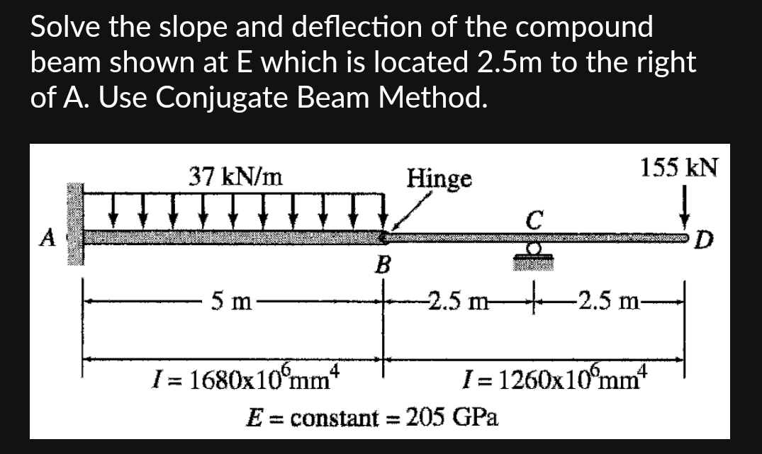 Solve the slope and deflection of the compound
beam shown at E which is located 2.5m to the right
of A. Use Conjugate Beam Method.
37 kN/m
5 m
I= 1680x10 mm
Hinge
TV/
B
-2.5 m-
I= 1260x10 mm
E = constant = 205 GPa
155 kN
2.5 m-
D