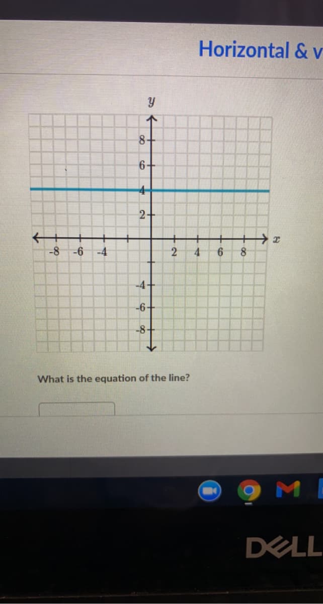 Horizontal & v
个
8+
6+
4
2+
-8
-6
-4
4
6.
8
-4+
-6+
-8+
What is the equation of the line?
DELL
