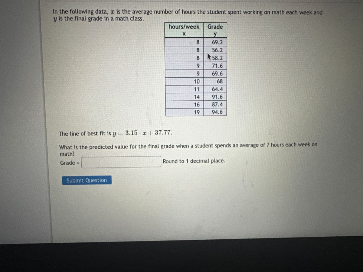 In the following data, is the average number of hours the student spent working on math each week and
y is the final grade in a math class.
hours/week
X
Submit Question
8
8
8
9
9
10
11
14
16
19
Grade
y
69.2
56.2
58.2
71.6
69.6
68
64.4
91.6
87.4
94.6
The line of best fit is y = 3.15 x + 37.77.
What is the predicted value for the final grade when a student spends an average of 7 hours each week on
math?
Grade =
Round to 1 decimal place.