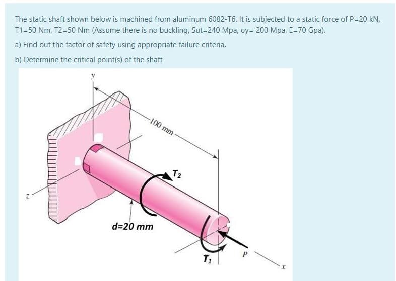 The static shaft shown below is machined from aluminum 6082-T6. It is subjected to a static force of P=20 kN,
T1=50 Nm, T2=50 Nm (Assume there is no buckling, Sut=240 Mpa, oy= 200 Mpa, E=70 Gpa).
a) Find out the factor of safety using appropriate failure criteria.
b) Determine the critical point(s) of the shaft
-100 mm
T2
d=20 mm
P.
T1
