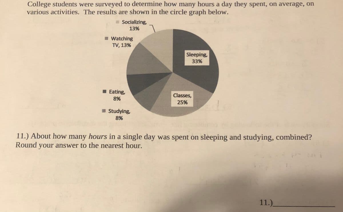 College students were surveyed to determine how many hours a day they spent, on average, on
various activities. The results are shown in the circle graph below.
Socializing,
13%
I Watching
TV, 13%
Sleeping,
33%
I Eating,
Classes,
8%
25%
I Studying,
8%
11.) About how many hours in a single day was spent on sleeping and studying, combined?
Round
your answer to the nearest hour.
11.).
