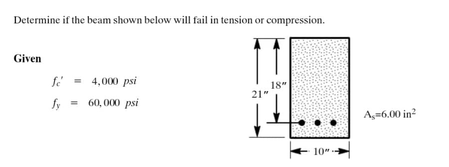 Determine if the beam shown below will fail in tension or compression.
Given
fe'
fy
= 4,000 psi
= 60,000 psi
21"
18"
10"-
As=-6.00 in²