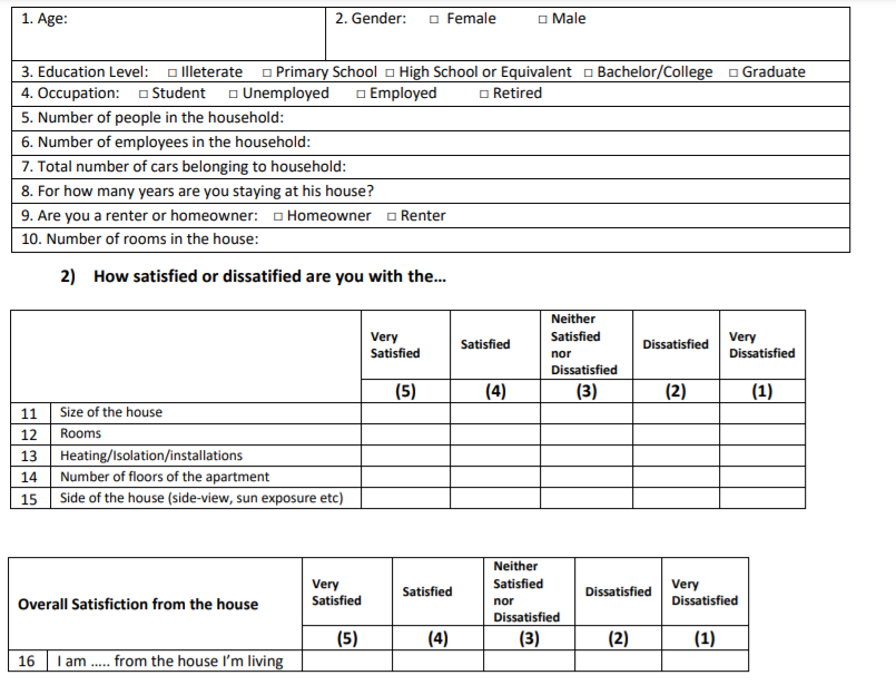 1. Age:
2. Gender: o Female
o Male
3. Education Level: o leterate o Primary School o High School or Equivalent o Bachelor/College o Graduate
4. Occupation: o Student o Unemployed
o Employed
o Retired
5. Number of people in the household:
6. Number of employees in the household:
7. Total number of cars belonging to household:
8. For how many years are you staying at his house?
9. Are you a renter or homeowner: o Homeowner o Renter
10. Number of rooms in the house:
2) How satisfied or dissatified are you with the...
Neither
Satisfied
Very
Satisfied
Very
Dissatisfied
Satisfied
Dissatisfied
nor
Dissatisfied
(5)
(4)
(3)
(2)
(1)
11
Size of the house
12
Rooms
Heating/Isolation/installations
Number of floors of the apartment
13
14
15
Side of the house (side-view, sun exposure etc)
Neither
Satisfied
Very
Satisfied
Very
Dissatisfied
Satisfied
Dissatisfied
Overall Satisfiction from the house
nor
Dissatisfied
(5)
(4)
(3)
(2)
(1)
16 I am . from the house l'm living
