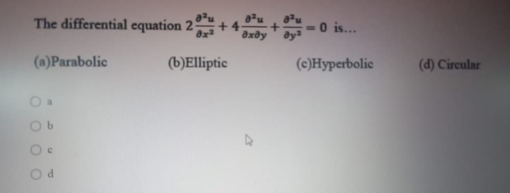 The differential equation 2
a²u
+4
ax2
a²u
0 is..
дхду
(a)Parabolic
(b)Elliptic
(c)Hyperbolic
(d) Circular
O c
