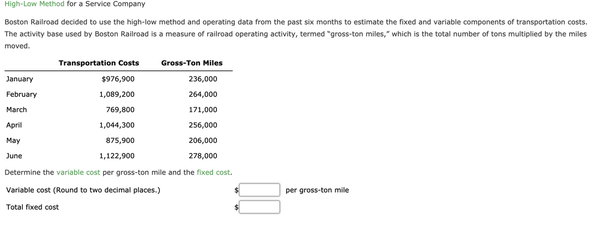 High-Low Method for a Service Company
Boston Railroad decided to use the high-low method and operating data from the past six months to estimate the fixed and variable components of transportation costs.
The activity base used by Boston Railroad is a measure of railroad operating activity, termed "gross-ton miles," which is the total number of tons multiplied by the miles
moved.
Transportation Costs
Gross-Ton Miles
January
$976,900
236,000
February
1,089,200
264,000
March
769,800
171,000
April
1,044,300
256,000
May
875,900
206,000
June
1,122,900
278,000
Determine the variable cost per gross-ton mile and the fixed cost.
Variable cost (Round to two decimal places.)
per gross-ton mile
Total fixed cost
2$
