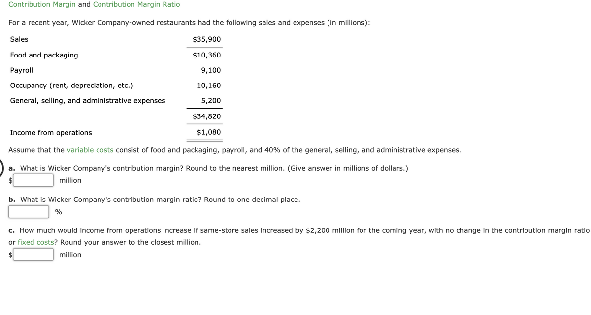 Contribution Margin and Contribution Margin Ratio
For a recent year, Wicker Company-owned restaurants had the following sales and expenses (in millions):
Sales
$35,900
Food and packaging
$10,360
Payroll
9,100
Occupancy (rent, depreciation, etc.)
10,160
General, selling, and administrative expenses
5,200
$34,820
Income from operations
$1,080
Assume that the variable costs consist of food and packaging, payroll, and 40% of the general, selling, and administrative expenses.
a. What is Wicker Company's contribution margin? Round to the nearest million. (Give answer in millions of dollars.)
million
b. What is Wicker Company's contribution margin ratio? Round to one decimal place.
c. How much would income from operations increase if same-store sales increased by $2,200 million for the coming year, with no change in the contribution margin ratio
or fixed costs? Round your answer to the closest million.
million
