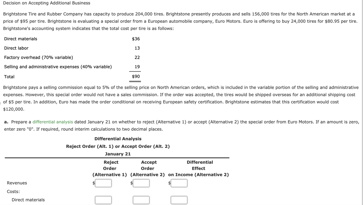 Decision on Accepting Additional Business
Brightstone Tire and Rubber Company has capacity to produce 204,000 tires. Brightstone presently produces and sells 156,000 tires for the North American market at a
price of $95 per tire. Brightstone is evaluating a special order from a European automobile company, Euro Motors. Euro is offering to buy 24,000 tires for $80.95 per tire.
Brightstone's accounting system indicates that the total cost per tire is as follows:
Direct materials
$36
Direct labor
13
Factory overhead (70% variable)
22
Selling and administrative expenses (40% variable)
19
Total
$90
Brightstone pays a selling commission equal to 5% of the selling price on North American orders, which is included in the variable portion of the selling and administrative
expenses. However, this special order would not have a sales commission. If the order was accepted, the tires would be shipped overseas for an additional shipping cost
of $5 per tire. In addition, Euro has made the order conditional on receiving European safety certification. Brightstone estimates that this certification would cost
$120,000.
a. Prepare a differential analysis dated January 21 on whether to reject (Alternative 1) or accept (Alternative 2) the special order from Euro Motors. If an amount is zero,
enter zero "0". If required, round interim calculations to two decimal places.
Differential Analysis
Reject Order (Alt. 1) or Accept Order (Alt. 2)
January 21
Reject
Аcсept
Differential
Order
Order
Effect
(Alternative 1) (Alternative 2) on Income (Alternative 2)
Revenues
Costs:
Direct materials

