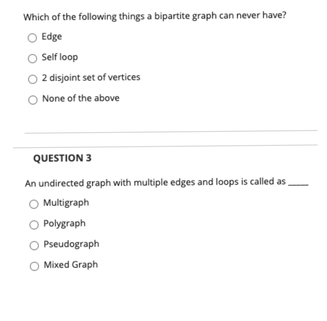 Which of the following things a bipartite graph can never have?
Edge
Self loop
2 disjoint set of vertices
None of the above
QUESTION 3
An undirected graph with multiple edges and loops is called as
O Multigraph
Polygraph
Pseudograph
Mixed Graph
