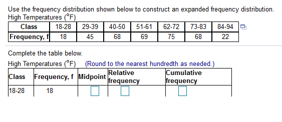 Use the frequency distribution shown below to construct an expanded frequency distributie
High Temperatures (°F)
Class
18-28
29-39
40-50
51-61
62-72
73-83
84-94 D
Frequency, f 18
45
68
69
75
68
22
Complete the table below.
High Temperatures (°F) (Round to the nearest hundredth as needed.)
Relative
frequency
Cumulative
frequency
Class Frequency, f Midpoint
18-28
18
