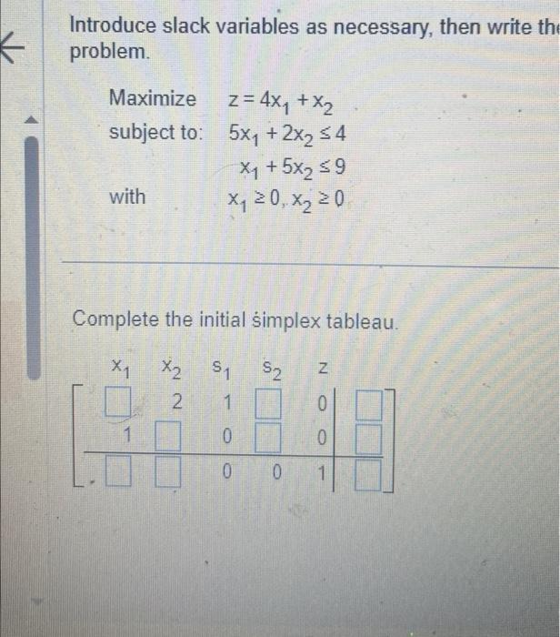 Introduce slack variables as necessary, then write the
problem.
Maximize
subject to:
with
Complete the initial simplex tableau.
X₁
X2 $1 $2
1
z = 4x₁ + x₂
5x₁ + 2x₂ ≤4
Xp+5x259
x₁20, X₂ 20
22
N
2 1
0
0 0
N
0
0
1