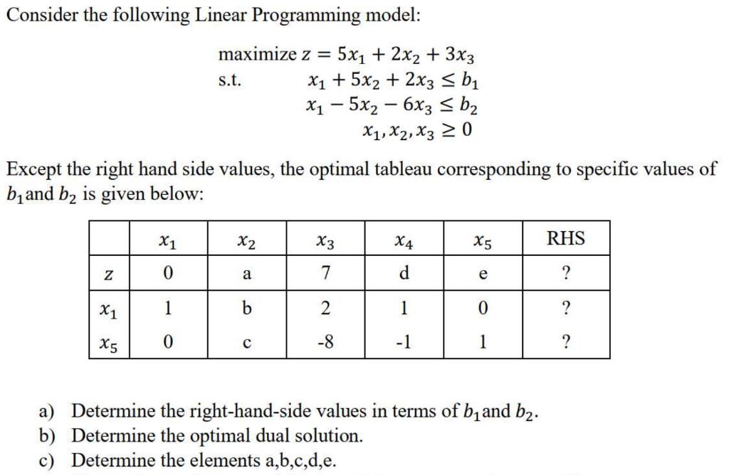 Consider the following Linear Programming model:
Z
Except the right hand side values, the optimal tableau corresponding to specific values of
b₁ and b₂ is given below:
X1
X5
maximize z = 5x₁ + 2x₂ + 3x3
x₁ + 5x2 + 2x3 ≤ b₁
X1 - 5x2 - 6x3 <br
X1, X2, X3 20
X1
0
1
0
s.t.
x2
a
b
с
X3
7
2
-8
X4
d
1
-1
X5
e
0
1
a) Determine the right-hand-side values in terms of b₁ and b₂.
b) Determine the optimal dual solution.
c) Determine the elements a,b,c,d,e.
RHS
?
?
?