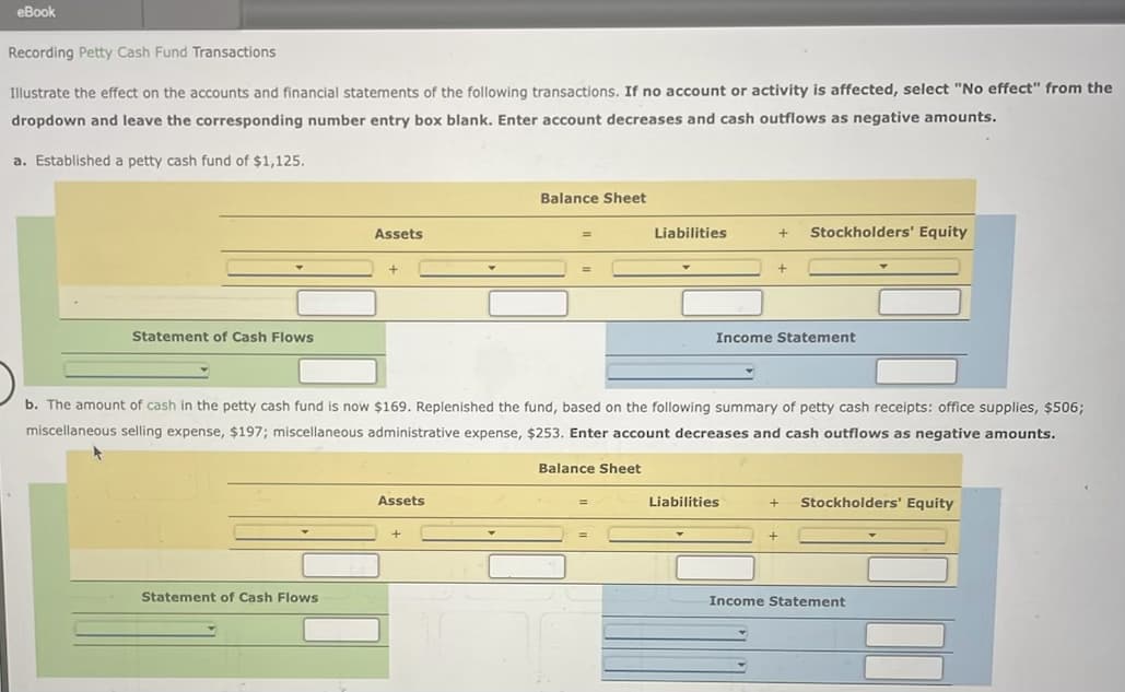 eBook
Recording Petty Cash Fund Transactions
Illustrate the effect on the accounts and financial statements of the following transactions. If no account or activity is affected, select "No effect" from the
dropdown and leave the corresponding number entry box blank. Enter account decreases and cash outflows as negative amounts.
a. Established a petty cash fund of $1,125.
Statement of Cash Flows
Assets
Statement of Cash Flows
+
Assets
Balance Sheet
+
b. The amount of cash in the petty cash fund is now $169. Replenished the fund, based on the following summary of petty cash receipts: office supplies, $506;
miscellaneous selling expense, $197; miscellaneous administrative expense, $253. Enter account decreases and cash outflows as negative amounts.
Balance Sheet
Liabilities
=
+ Stockholders' Equity
+
Income Statement
Liabilities
+ Stockholders' Equity
+
Income Statement