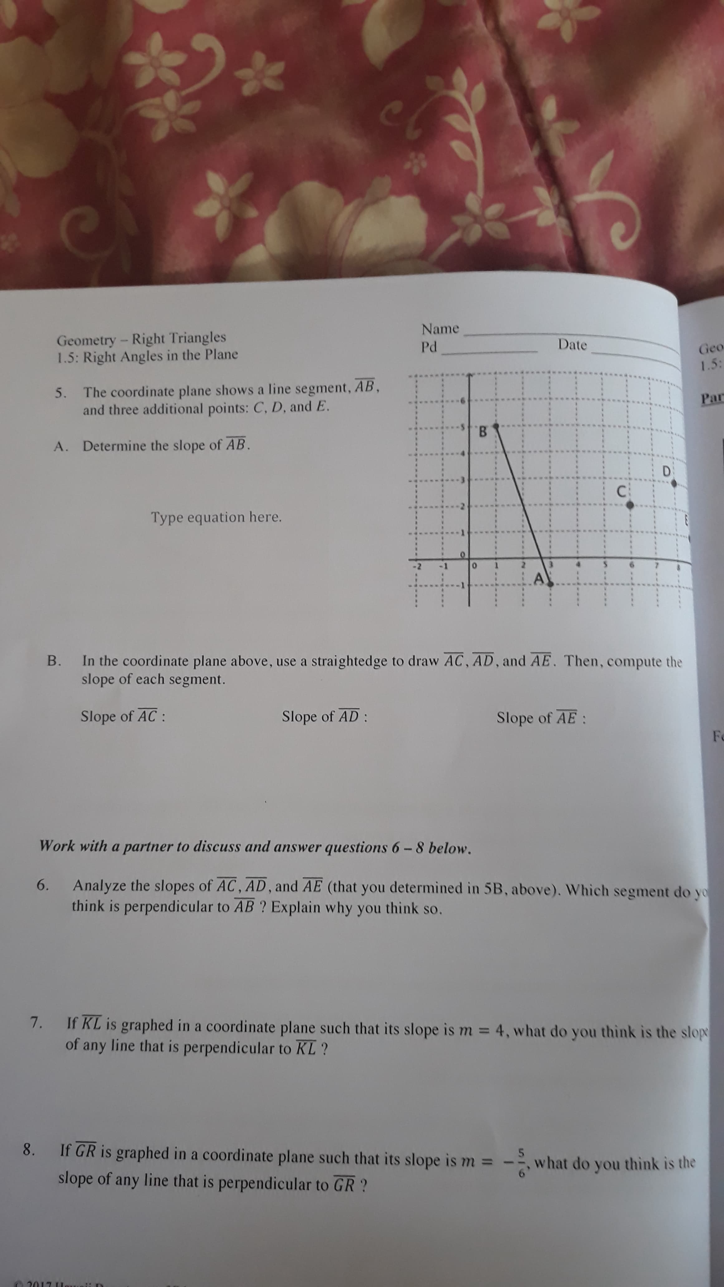 5. The coordinate plane shows a line segment, AB,
and three additional points: C, D, and E.
B.
A. Determine the slope of AB.
C
Type equation here.
-1
In the coordinate plane above, use a straightedge to draw AC, AD, and AE. Then, compute the
slope of each segment.
В.
Slope of AC:
Slope of AD :
Slope of AE:
DI
