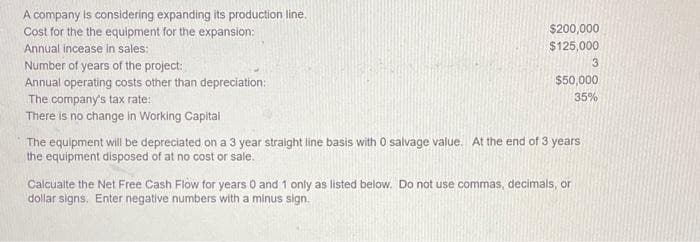 A company is considering expanding its production line.
Cost for the the equipment for the expansion:
Annual incease in sales:
Number of years of the project:
Annual operating costs other than depreciation:
The company's tax rate:
There is no change in Working Capital
$200,000
$125,000
3
$50,000
35%
The equipment will be depreciated on a 3 year straight line basis with 0 salvage value. At the end of 3 years
the equipment disposed of at no cost or sale.
Calcualte the Net Free Cash Flow for years 0 and 1 only as listed below. Do not use commas, decimals, or
dollar signs. Enter negative numbers with a minus sign.