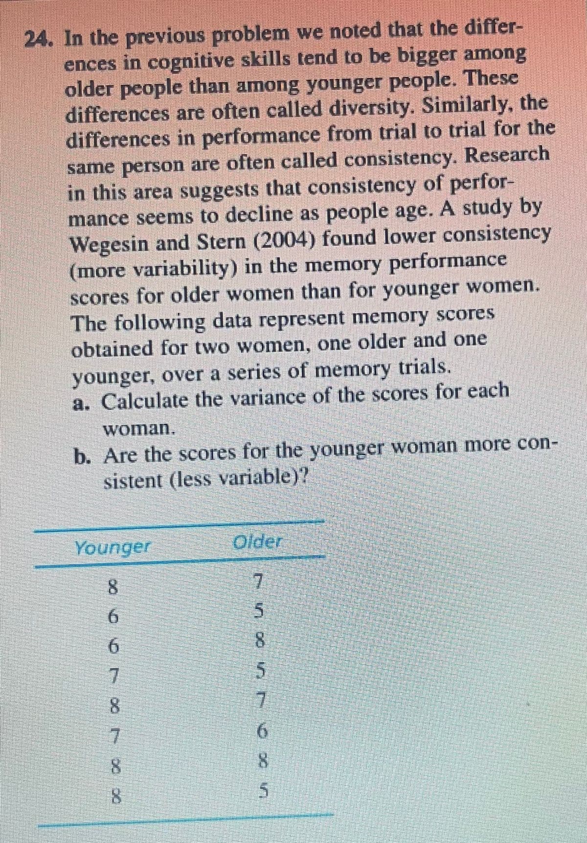 24. In the previous problem we noted that the differ-
ences in cognitive skills tend to be bigger among
older people than among younger people. These
differences are often called diversity. Similarly, the
differences in performance from trial to trial for the
same person are often called consistency. Research
in this area suggests that consistency of perfor-
mance seems to decline as people age. A study by
Wegesin and Stern (2004) found lower consistency
(more variability) in the memory performance
scores for older women than for younger women.
The following data represent memory scores
obtained for two women, one older and one
younger, over a series of memory trials.
a. Calculate the variance of the scores for each
woman.
b. Are the scores for the younger woman more con-
sistent (less variable)?
Younger
Older
8.
6.
7.
8.
8.
8.
5.
