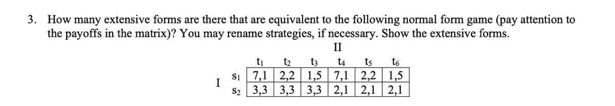 3. How many extensive forms are there that are equivalent to the following normal form game (pay attention to
the payoffs in the matrix)? You may rename strategies, if necessary. Show the extensive forms.
II
ti
t2
t3
t4
ts
to
si 7,1 2,2 | 1,5 7,1
I
2,2 1,5
S2 3,3 3,3 | 3,3 2,1 2,1 2,1
