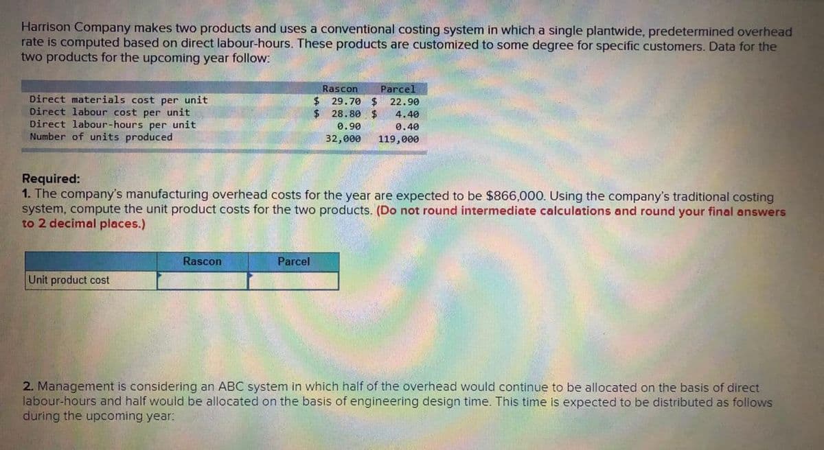 Harrison Company makes two products and uses a conventional costing system in which a single plantwide, predetermined overhead
rate is computed based on direct labour-hours. These products are customized to some degree for specific customers. Data for the
two products for the upcoming year follow:
Rascon
Parcel
Direct materials cost per unit
Direct labour cost per unit
Direct labour-hours per unit
Number of units produced
$ 29.70 $ 22.90
2$
28.80 $
4.40
0.90
0.40
32,000
119,000
Required:
1. The company's manufacturing overhead costs for the year are expected to be $866,000. Using the company's traditional costing
system, compute the unit product costs for the two products. (Do not round intermediate calculations and round your final answers
to 2 decimal places.)
Rascon
Parcel
Unit product cost
2. Management is considering an ABC system in which half of the overhead would continue to be allocated on the basis of direct
labour-hours and half would be allocated on the basis of engineering design time. This time is expected to be distributed as follows
during the upcoming year:
