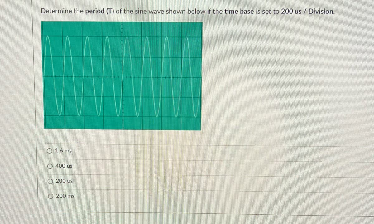 Determine the period (T) of the sine wave shown below if the time base is set to 200 us / Division.
O 1.6 ms
O 400 us
O 200 us
O 200 ms
