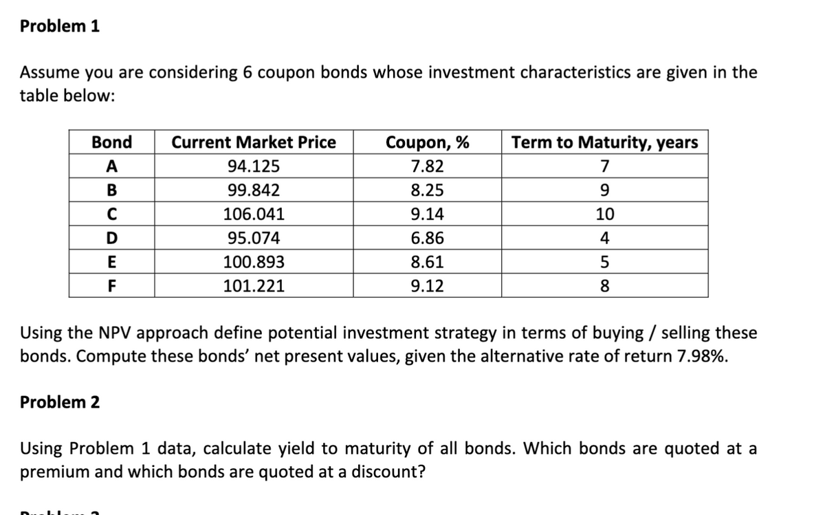 Problem 1
Assume you are considering 6 coupon bonds whose investment characteristics are given in the
table below:
Bond
Current Market Price
Coupon, %
Term to Maturity, years
A
94.125
7.82
7
B
99.842
8.25
9
с
106.041
9.14
10
D
95.074
6.86
4
100.893
F
101.221
8.61
9.12
5
8
Using the NPV approach define potential investment strategy in terms of buying/selling these
bonds. Compute these bonds' net present values, given the alternative rate of return 7.98%.
Problem 2
Using Problem 1 data, calculate yield to maturity of all bonds. Which bonds are quoted at a
premium and which bonds are quoted at a discount?