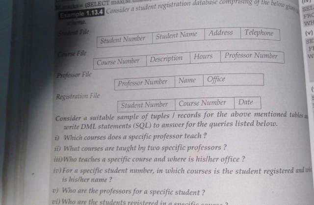 6ds-(SELECT maxi
SEL
FRO
Sondt File
WH
Student Number
Student Name
Address
Telephone
(v)
SE
FI
Charse File
Course Number Description
Hours
Professor Number
Professor File
Professor Number
Name
Office
Registration File
Student Number
Course Number
Date
Consider a suitable sample of tuples / records for the above mentioned tables
write DML statements (SQL) to answer for the queries listed below.
i Which courses does a specific professor teach ?
ii) What courses are taught by tuwo specific professors ?
iii)Who teaches a specific course and where is his/her office ?
in) For a specific student number, in which courses is the student registered and u
is Itis/her name ?
v) Who are the professors for a specific student ?
vi) Who are the students registered in a Euacifio
三
