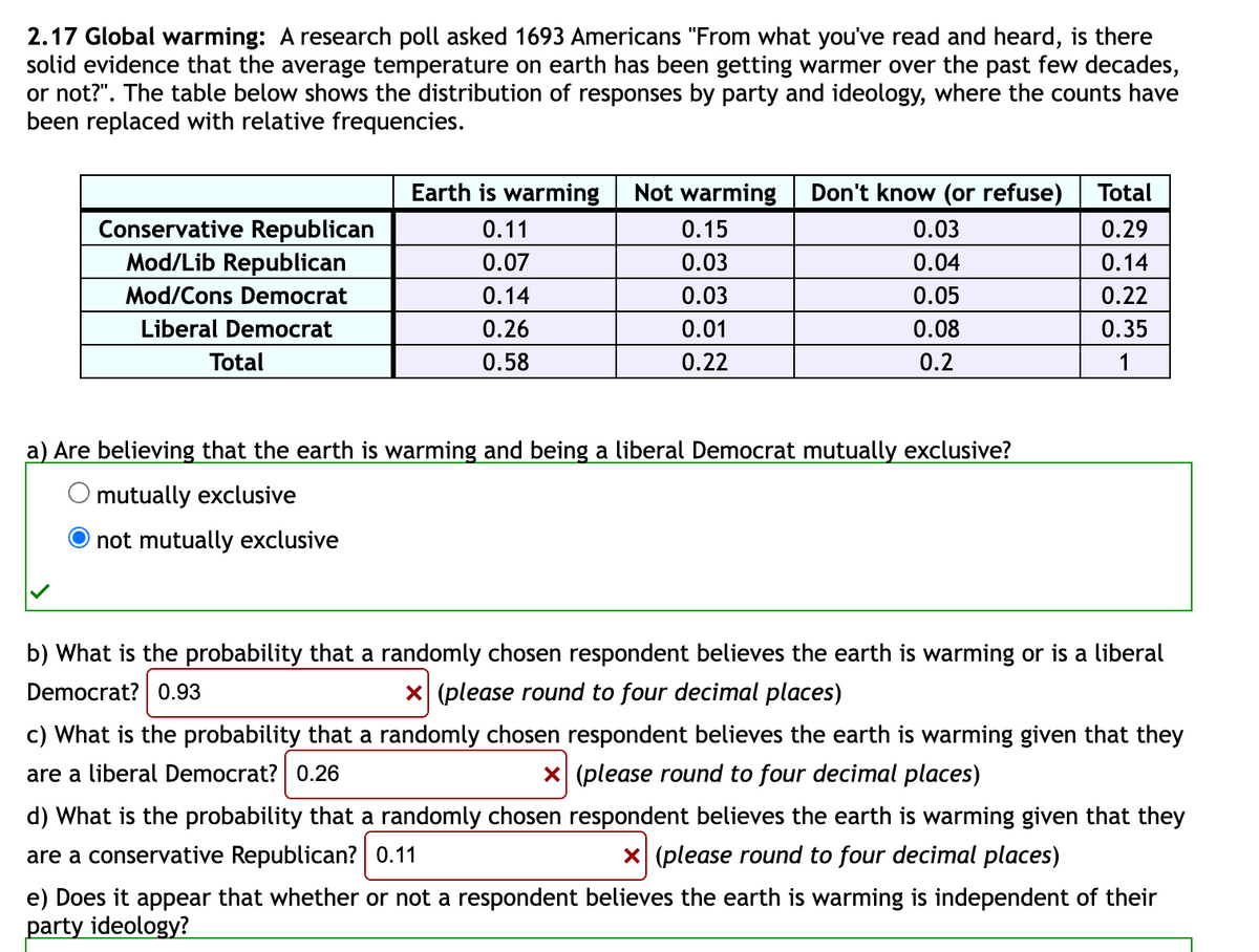 2.17 Global warming: A research poll asked 1693 Americans "From what you've read and heard, is there
solid evidence that the average temperature on earth has been getting warmer over the past few decades,
or not?". The table below shows the distribution of responses by party and ideology, where the counts have
been replaced with relative frequencies.
Earth is warming
Not warming
Don't know (or refuse)
Total
Conservative Republican
Mod/Lib Republican
0.11
0.15
0.03
0.29
0.07
0.03
0.04
0.14
Mod/Cons Democrat
0.14
0.03
0.05
0.22
Liberal Democrat
0.26
0.01
0.08
0.35
Total
0.58
0.22
0.2
1
a) Are believing that the earth is warming and being a liberal Democrat mutually exclusive?
O mutually exclusive
not mutually exclusive
b) What is the probability that a randomly chosen respondent believes the earth is warming or is a liberal
Democrat? 0.93
X (please round to four decimal places)
c) What is the probability that a randomly chosen respondent believes the earth is warming given that they
are a liberal Democrat? 0.26
x (please round to four decimal places)
d) What is the probability that a randomly chosen respondent believes the earth is warming given that they
are a conservative Republican? 0.11
X (please round to four decimal places)
e) Does it appear that whether or not a respondent believes the earth is warming is independent of their
party ideology?
