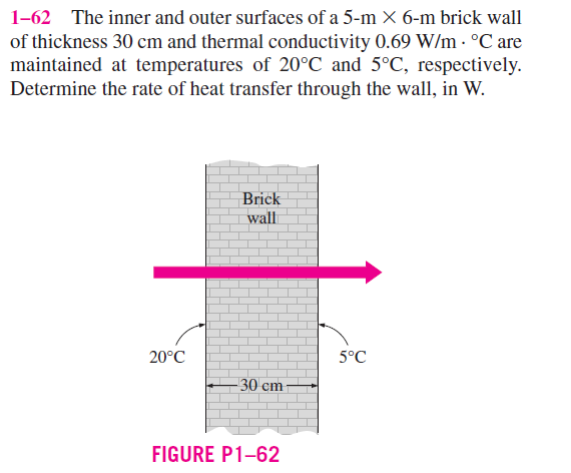 1-62 The inner and outer surfaces of a 5-m × 6-m brick wall
of thickness 30 cm and thermal conductivity 0.69 W/m - °C are
maintained at temperatures of 20°C and 5°C, respectively.
Determine the rate of heat transfer through the wall, in W.
Brick
wall
20°C
-30 cm
FIGURE P1-62
5°C