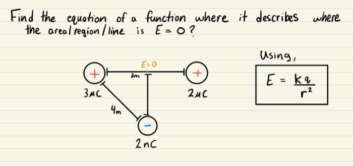 Find the equation of a function where it describes where
the areal region/line is E=0?
+
3MC
4m
3m
E=O
2nC
+
2μC
Using,
E = ka