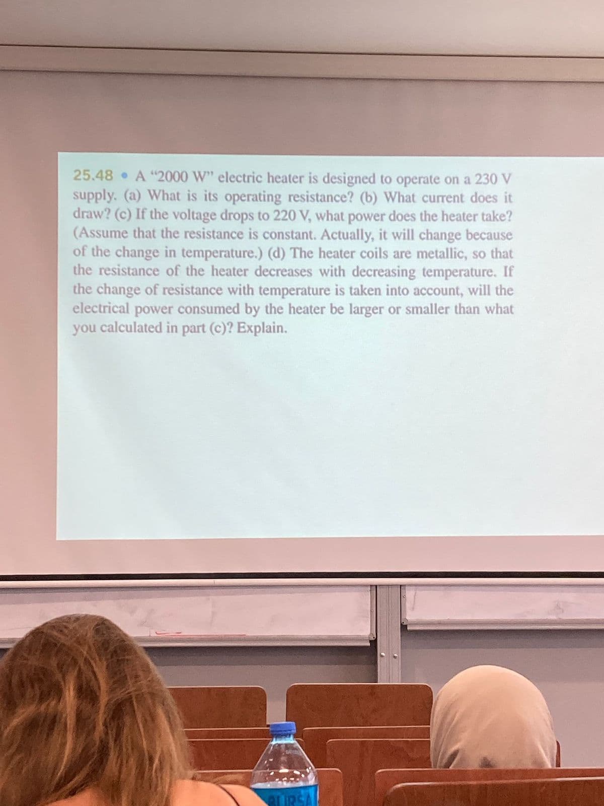 25.48 A "2000 W" electric heater is designed to operate on a 230 V
supply. (a) What is its operating resistance? (b) What current does it
draw? (c) If the voltage drops to 220 V, what power does the heater take?
(Assume that the resistance is constant. Actually, it will change because
of the change in temperature.) (d) The heater coils are metallic, so that
the resistance of the heater decreases with decreasing temperature. If
the change of resistance with temperature is taken into account, will the
electrical power consumed by the heater be larger or smaller than what
you calculated in part (c)? Explain.
BURSA