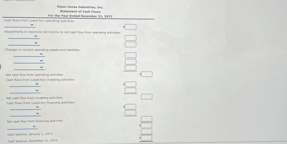 Olson-Jones Industries, Inc.
Statement of Cash Flows
For the Year Ended December 31, 20Y2
Cash flows from (used for) operating activities:
Adjustments to reconcile net income to net cash flow from operating activities:
Changes in current operating assets and liabilities:
Net cash flow from operating activities
Cash flows from (used for) investing activities:
Net cash flow from investing activities
Cash flows from (used for) financing activities:
Net cash flow from financing activities
Cash balance, January 1, 20Y2
Cash balance, December 31, 20Y2
