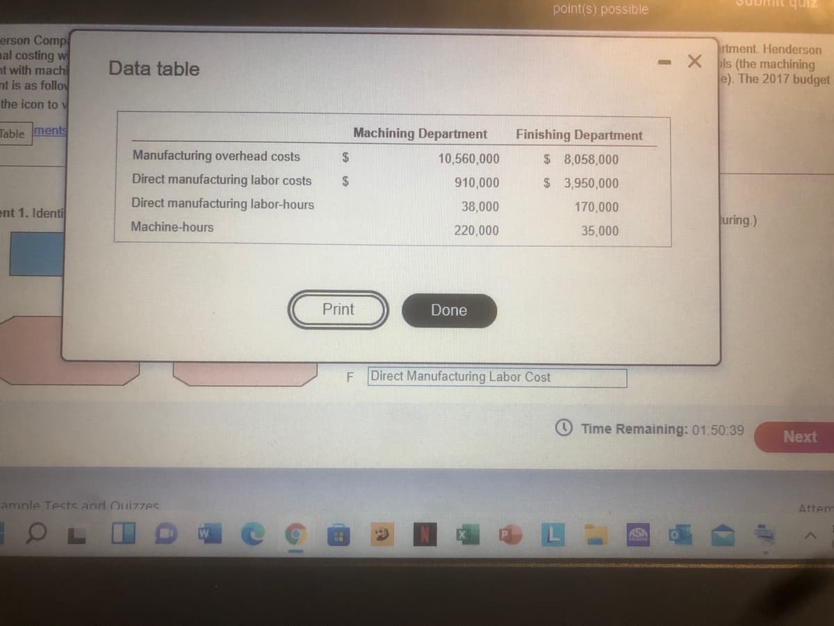 point(s) possible
erson Comp
nal costing w
nt with machi
nt is as folloy
rtment. Henderson
pls (the machining
e). The 2017 budget
Data table
the icon to v
Table ments
Machining Department
Finishing Department
Manufacturing overhead costs
$4
10,560,000
$8,058,000
Direct manufacturing labor costs
2$
910,000
$3,950,000
Direct manufacturing labor-hours
38,000
170,000
ent 1. Identi
uring.)
Machine-hours
220,000
35,000
Print
Done
Direct Manufacturing Labor Cost
Time Remaining: 01:50:39
Next
amnle Tests and Ouiz7es
Attem
ASA
