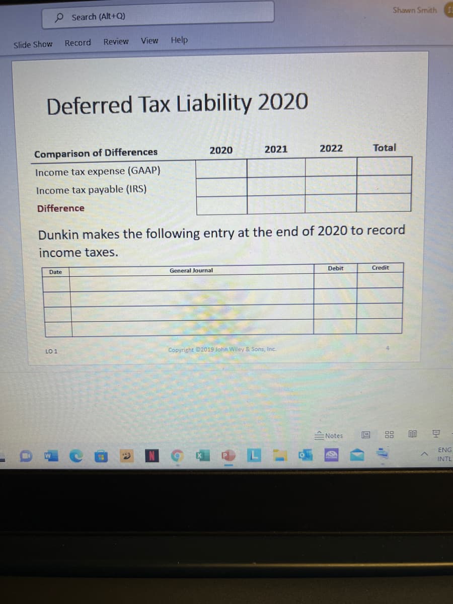 Shawn Smith
P Search (Alt+Q)
Record
Review
View
Help
Slīde Show
Deferred Tax Liability 2020
2020
2021
2022
Total
Comparison of Differences
Income tax expense (GAAP)
Income tax payable (IRS)
Difference
Dunkin makes the following entry at the end of 2020 to record
income taxes.
General Journal
Debit
Credit
Date
LO 1
Copyright ©2019 John Wiley & Sons, Inc.
스 Notes
ENG
INTL
